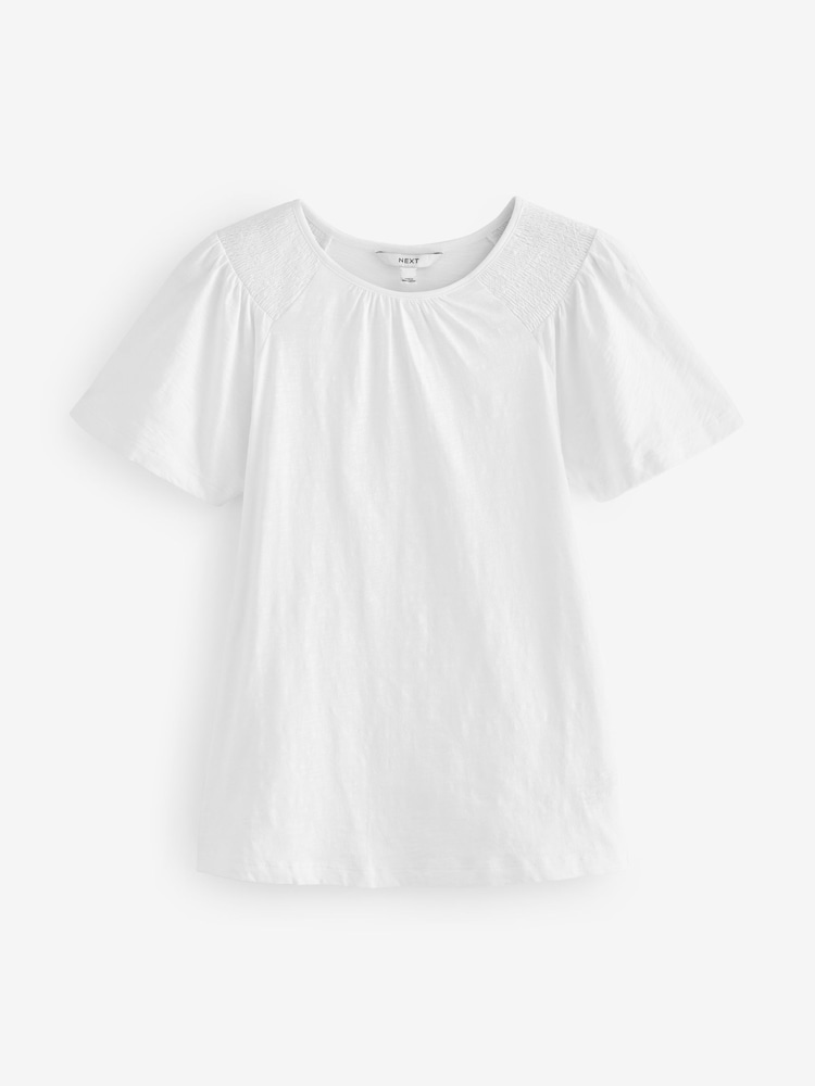 White Ruched Shoulder Round Neck Short Sleeve T-Shirt - Image 5 of 5 White Ruched Shoulder Round Neck Short Sleeve T-Shirt - Image 5 of 5