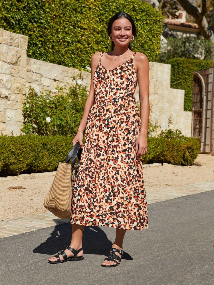 Brown Animal Cami Midi Summer Dress - Image 1 of 4 Brown Animal Cami Midi Summer Dress - Image 1 of 4