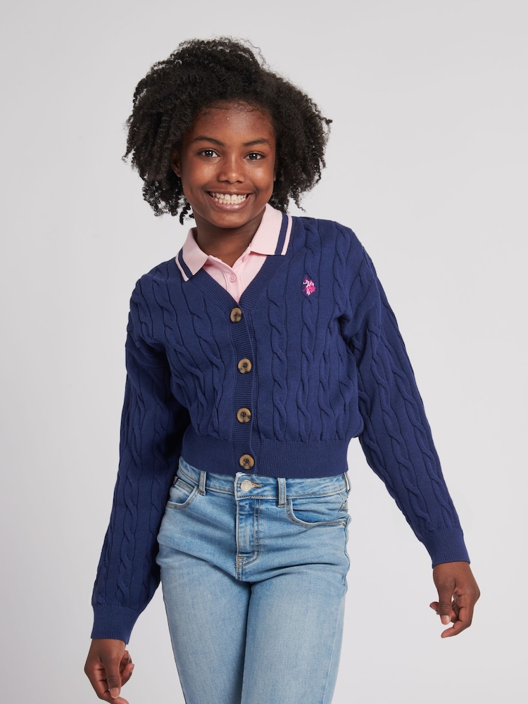 U.S. Polo Assn. Blue Girls Cable Knit Cardigan - Image 1 of 7