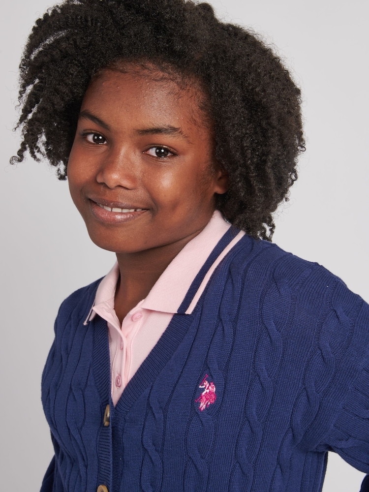 U.S. Polo Assn. Blue Girls Cable Knit Cardigan - Image 4 of 7