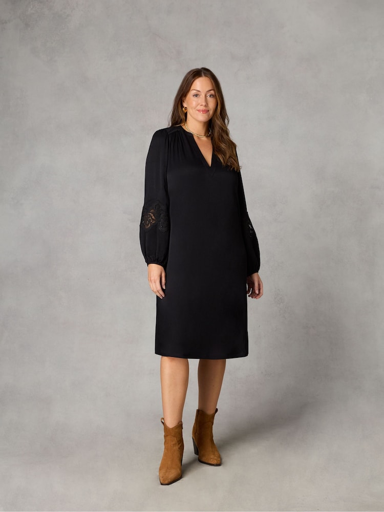 Live Unlimited Black Petite Crochet Trim Sleeve Dress - Image 1 of 4