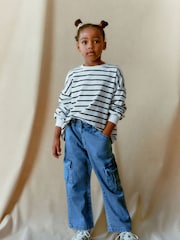 Mid Blue Denim Wide Leg 100% Cotton Cargo Trousers (3-16yrs) - Image 1 of 8
