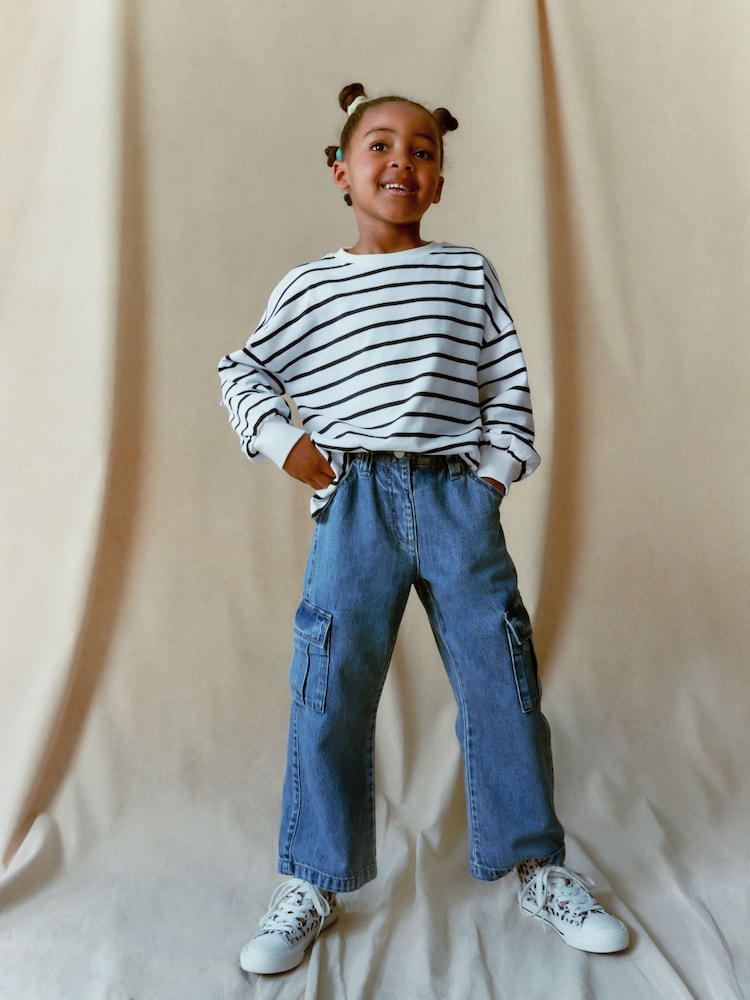 Mid Blue Denim Wide Leg 100% Cotton Cargo Trousers (3-16yrs) - Image 2 of 8