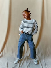 Mid Blue Denim Wide Leg 100% Cotton Cargo Trousers (3-16yrs) - Image 3 of 8