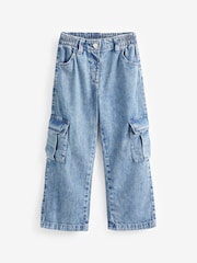 Mid Blue Denim Wide Leg 100% Cotton Cargo Trousers (3-16yrs) - Image 5 of 8