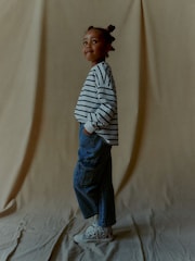 Mid Blue Denim Wide Leg 100% Cotton Cargo Trousers (3-16yrs) - Image 8 of 8