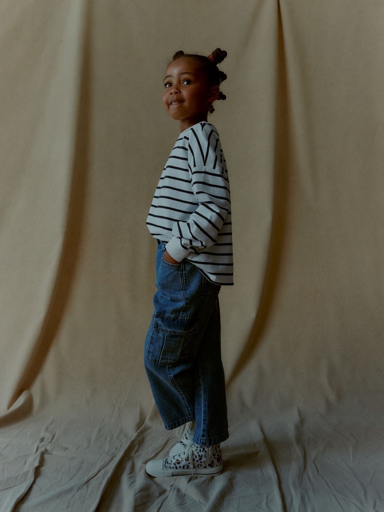 Mid Blue Denim Wide Leg 100% Cotton Cargo Trousers (3-16yrs) - Image 8 of 8
