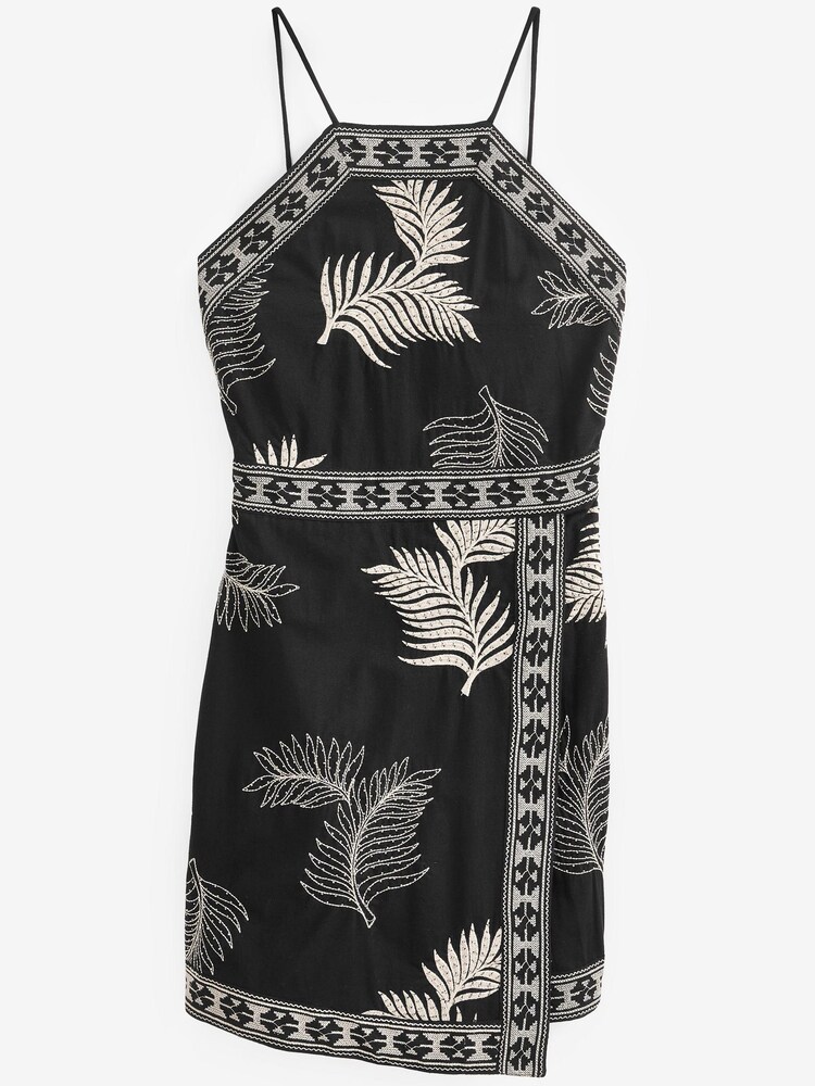 Black Embroidered Palm Sleeveless Strappy Mini Dress - Image 6 of 6 Black Embroidered Palm Sleeveless Strappy Mini Dress - Image 6 of 6