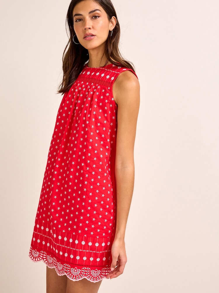 Rot / Weiß - Ärmelloses Minikleid mit Lochstickerei - Bild 1 von 5