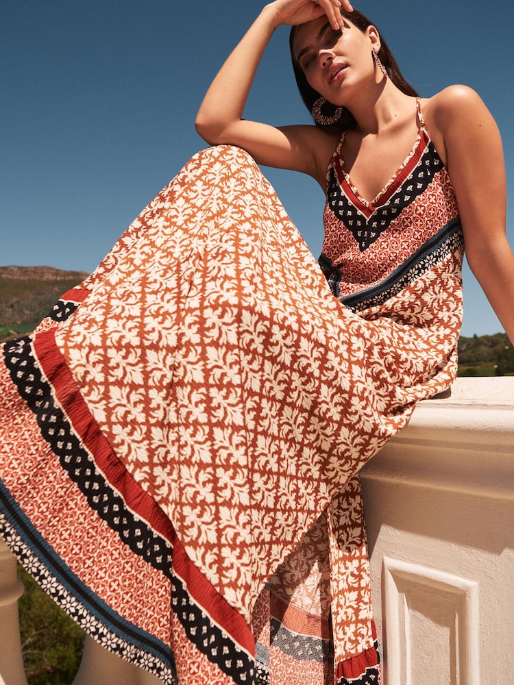Rust Brown Print Cami Strappy Maxi Summer Dress - Image 1 of 5