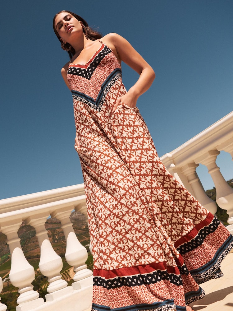 Rust Brown Print Cami Strappy Maxi Summer Dress - Image 2 of 5