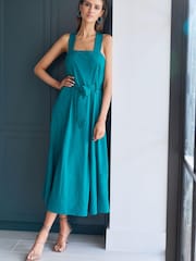 Teal Blue Square Neck Sleeveless Midi Dress With Tie Waist - Image 1 of 4