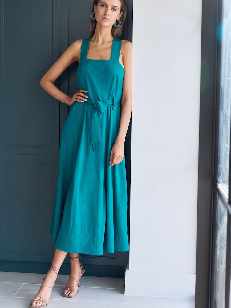 Teal Blue Square Neck Sleeveless Midi Dress With Tie Waist - Image 1 of 4