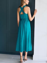Teal Blue Square Neck Sleeveless Midi Dress With Tie Waist - Image 2 of 4