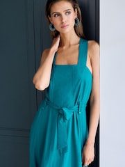 Teal Blue Square Neck Sleeveless Midi Dress With Tie Waist - Image 3 of 4
