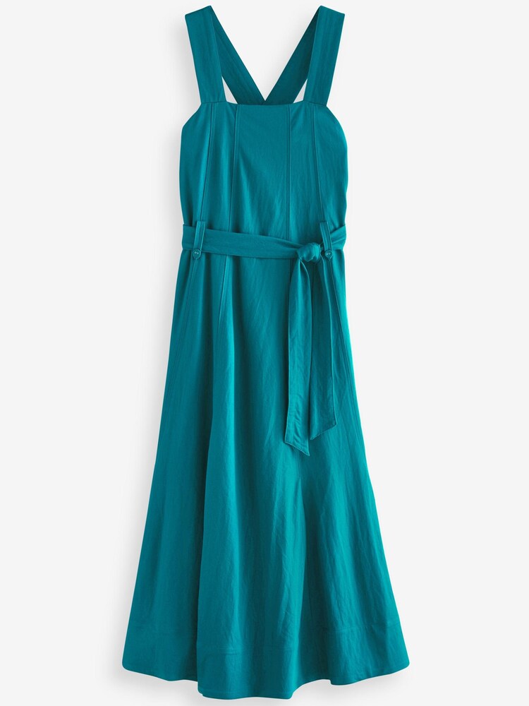 Teal Blue Square Neck Sleeveless Midi Dress With Tie Waist - Image 4 of 4