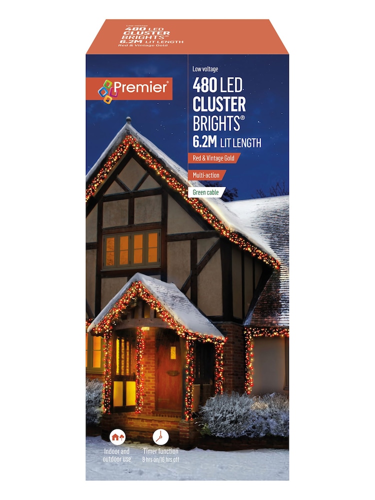 Premier Decorations Ltd Red & Gold 480 LED Clusters With Timer Christmas Lights - Image 2 of 4