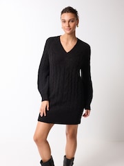 Black Cable V-Neck Knit Dress - Image 1 of 6