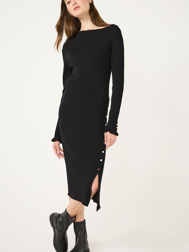 Black Ribbed Gold Button Knitted Midi Dress - Image 1 of 6 Black Ribbed Gold Button Knitted Midi Dress - Image 1 of 6