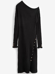 Black Ribbed Gold Button Knitted Midi Dress - Image 5 of 6