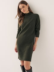 Khaki Green Rib Knit High Neck Midi Jumper Dress - Image 1 of 6
