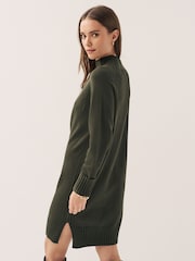 Khaki Green Rib Knit High Neck Midi Jumper Dress - Image 3 of 6