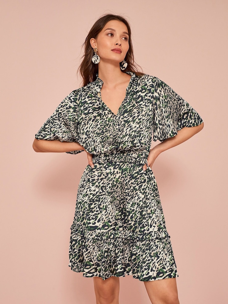 Animal Print Satin Mini Angel Sleeve Dress - Image 1 of 5