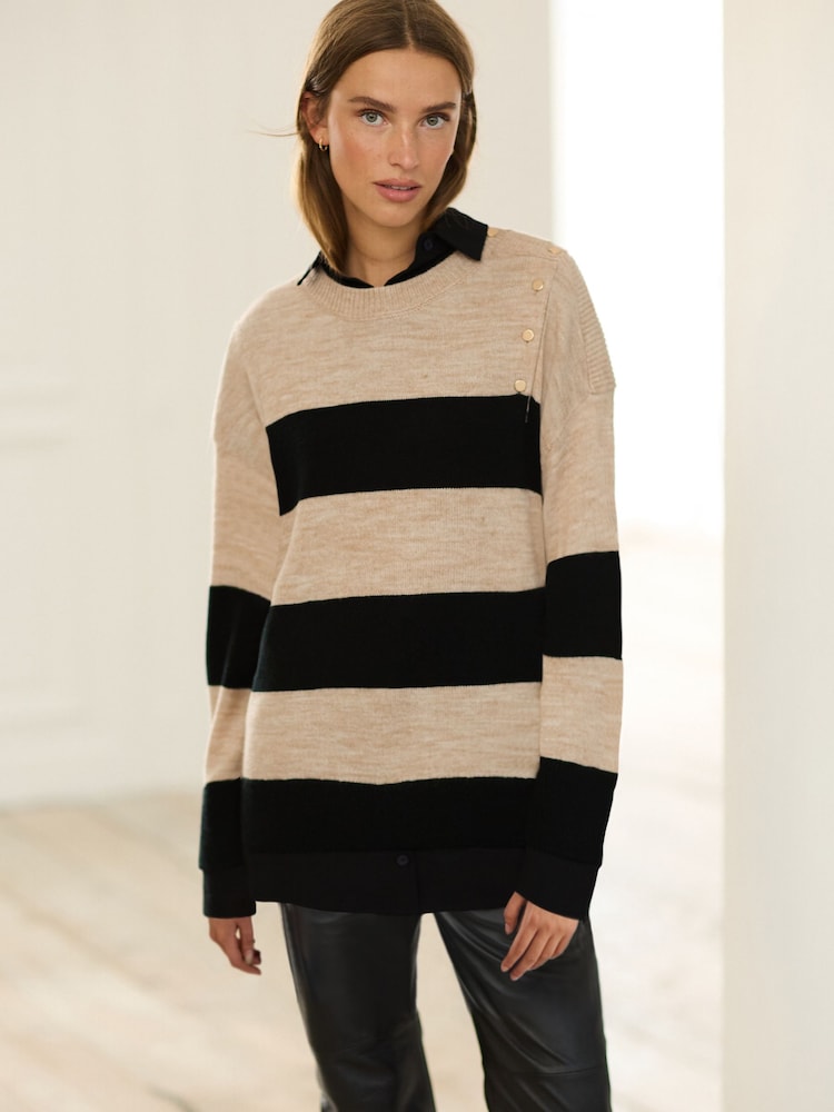 Neutral and Black Stripe Gold Button Shirt Layer Jumper - Image 1 of 5 Neutral and Black Stripe Gold Button Shirt Layer Jumper - Image 1 of 5