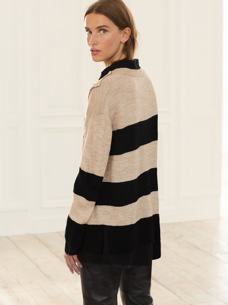 Neutral and Black Stripe Gold Button Shirt Layer Jumper - Image 2 of 5 Neutral and Black Stripe Gold Button Shirt Layer Jumper - Image 2 of 5