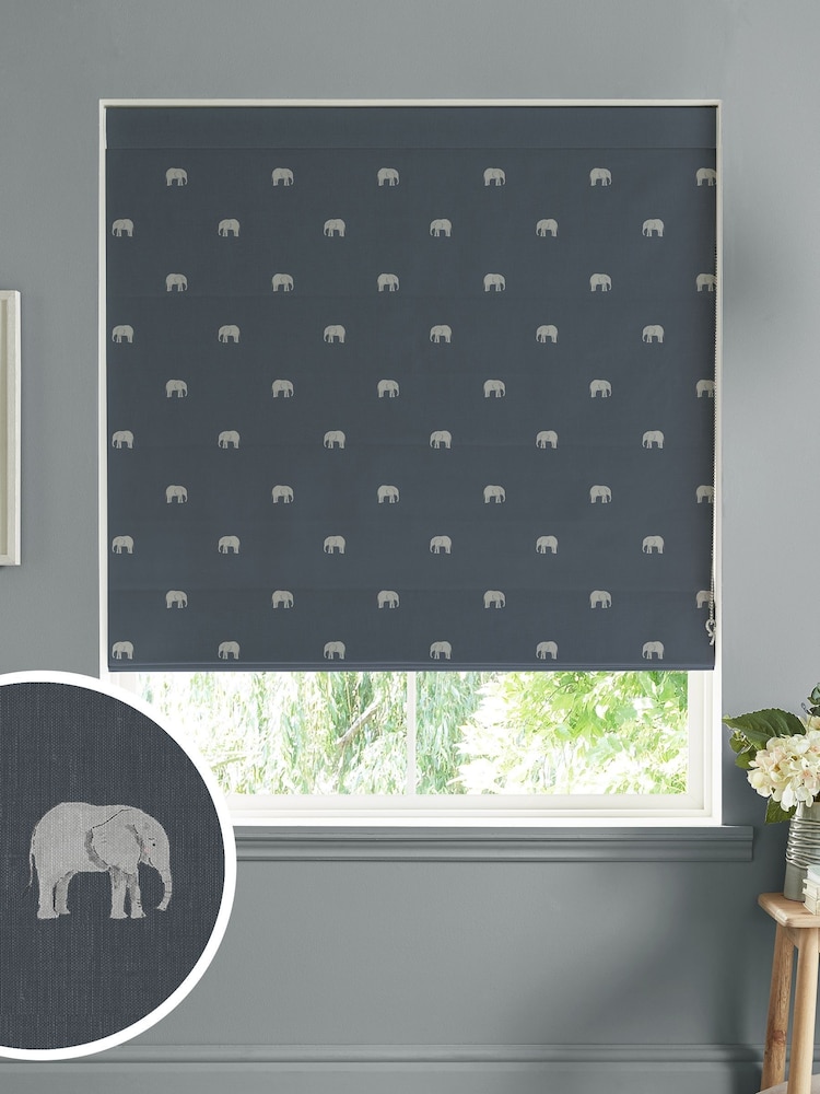 Sophie Allport Blue Elephant Made To Measure Roman 100% Cotton Blind - Image 1 of 6