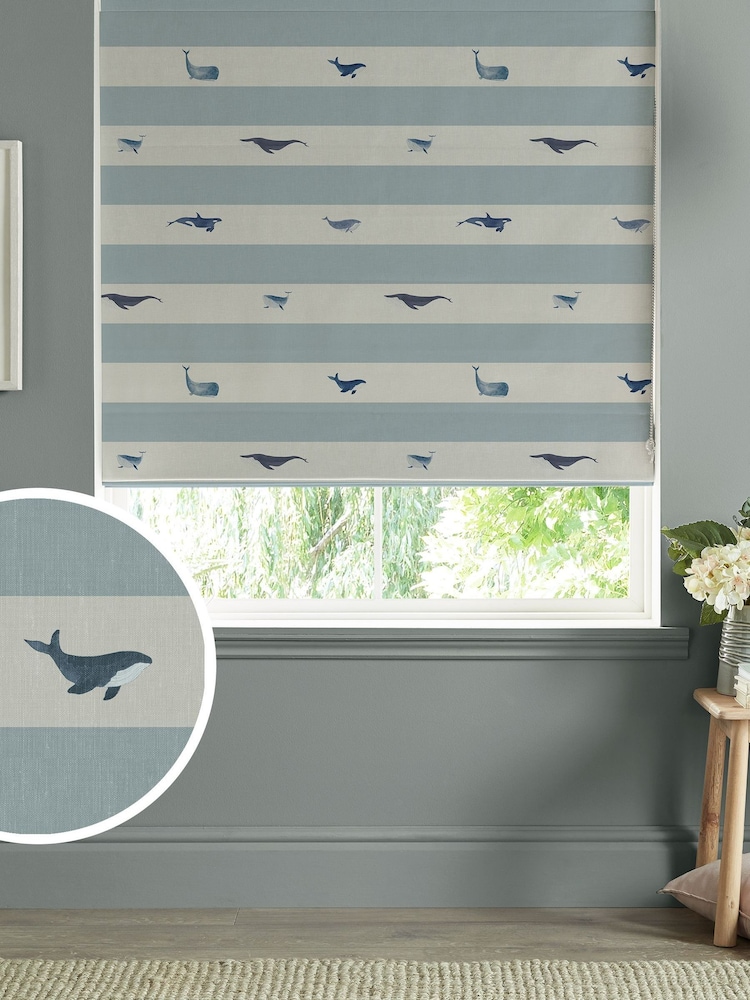 Sophie Allport Duck Egg Blue Kids Whale Made To Measure Roman 100% Cotton Blind - Image 1 of 6