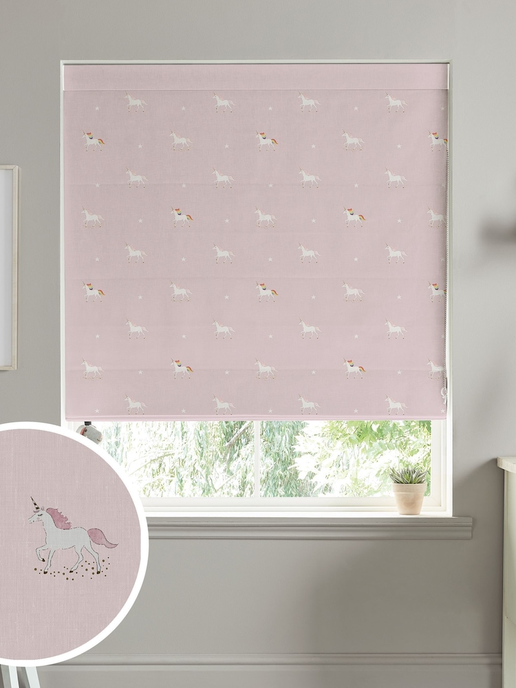Sophie Allport Pink Kids Unicorn Made To Measure Roman 100% Cotton Blind - Image 1 of 6
