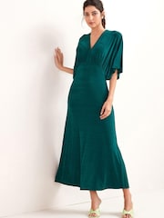 Dark Green Volume Sleeve Midi Dress - Image 1 of 3