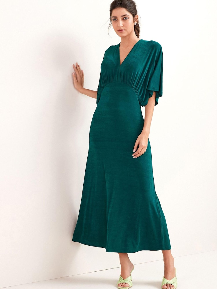 Dark Green Volume Sleeve Midi Dress - Image 1 of 3