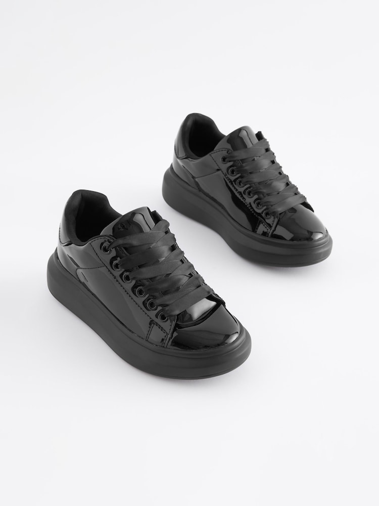 Black Patent Ribbon Lace Standard Fit (F) Chunky Trainers - Image 1 of 5