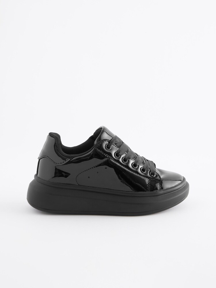 Black Patent Ribbon Lace Standard Fit (F) Chunky Trainers - Image 2 of 5