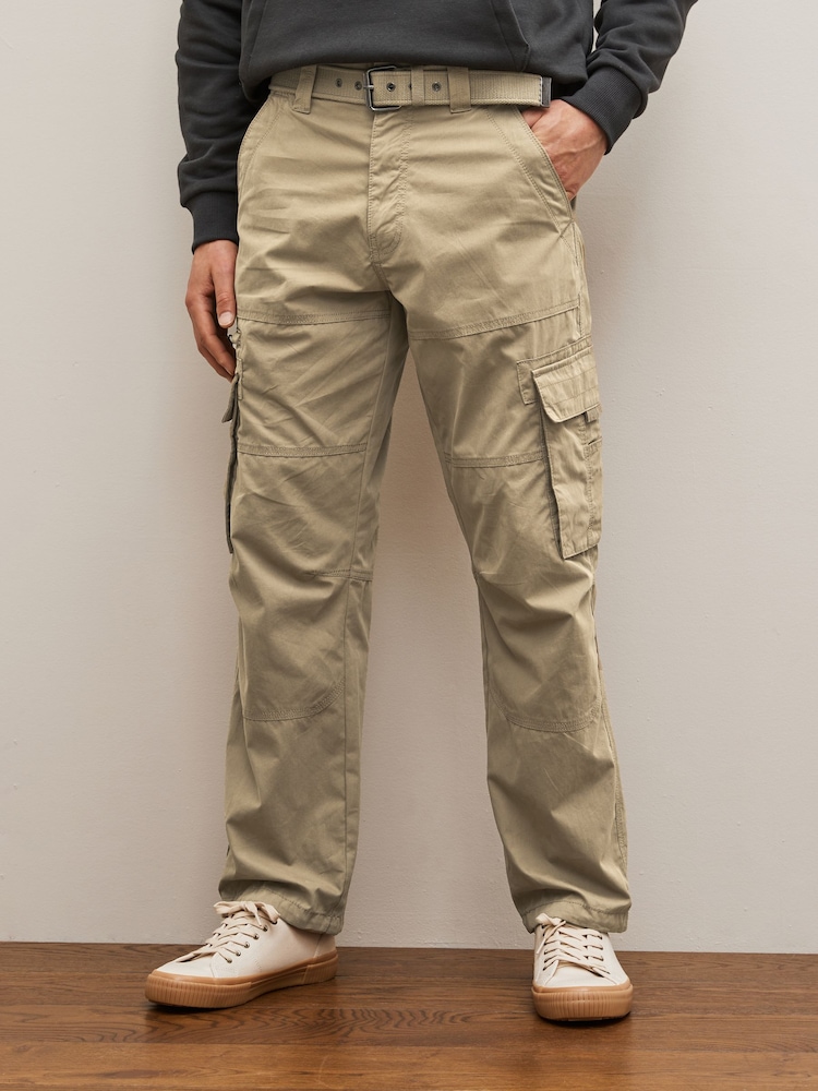 Stone Relaxed Fit Belted Tech Cargo Trousers - Image 1 of 8