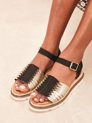 Schwarz/Gold - Forever Comfort® Sandalen aus Leder mit dicker Sohle und verdrehtem Design - Bild 2 von 6