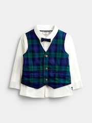 JoJo Maman Bébé Navy Blue Tartan 3-Piece Bow Tie Waistcoat & Shirt Set - Image 1 of 6