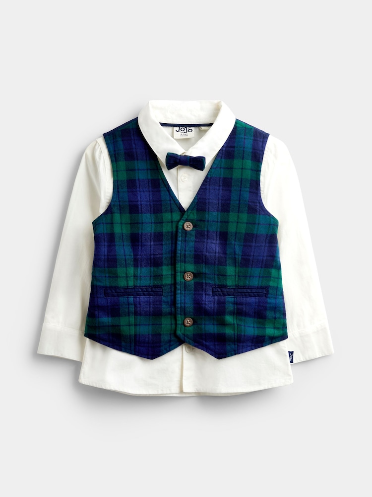 JoJo Maman Bébé Navy Blue Tartan 3-Piece Bow Tie Waistcoat & Shirt Set - Image 1 of 6