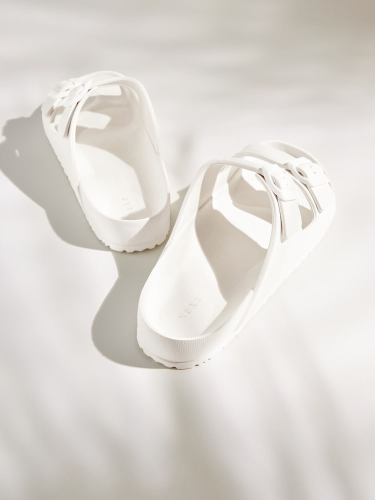 White EVA Double Strap Flat Slider Sandals With Adjustable Buckles - Image 3 of 9