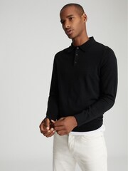 Reiss Black Trafford Merino Wool Polo Shirt - Image 3 of 4