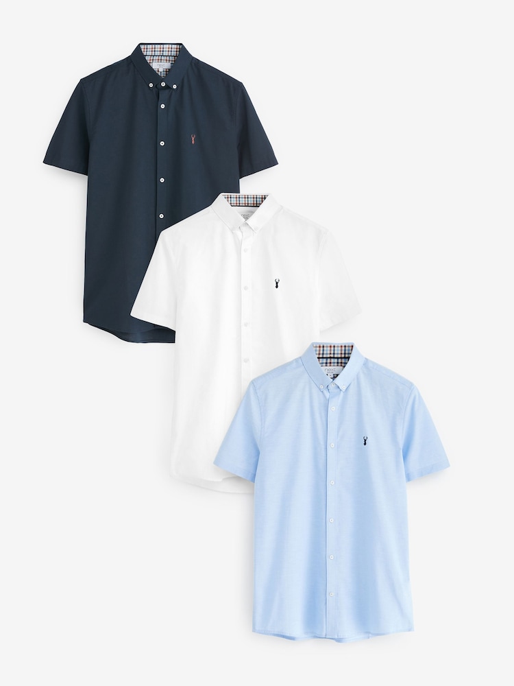 White/Blue/Navy Slim Fit Short Sleeve Stretch Oxford Shirts 3 Pack - Image 1 of 10