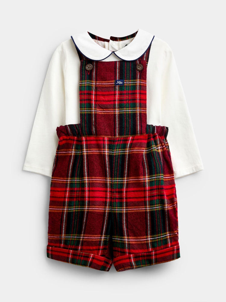 JoJo Maman Bébé Dark Red Tartan Dungarees & Top Set - Image 1 of 10 JoJo Maman Bébé Dark Red Tartan Dungarees & Top Set - Image 1 of 10