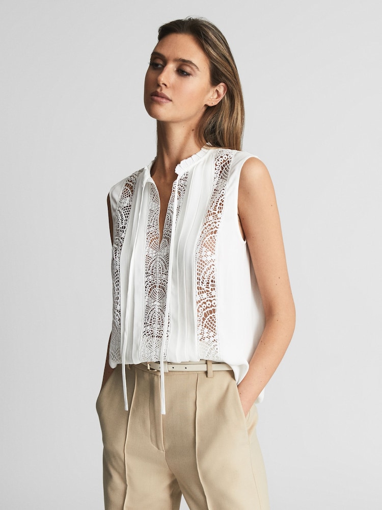Reiss White Greta Sleeveless Embroidered Lace Blouse - Image 1 of 5
