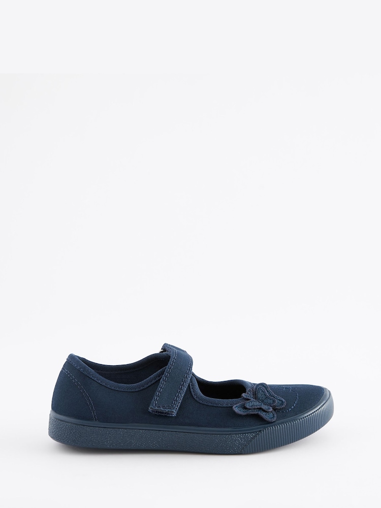 Navy Blue Standard Fit (F) Butterfly Embroidered School Plimsoll Shoes - Image 2 of 6