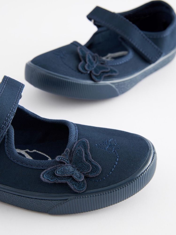 Navy Blue Standard Fit (F) Butterfly Embroidered School Plimsoll Shoes - Image 3 of 6