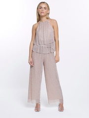 River Island Petite Metallic Halter Neck Frill Jumpsuit - Image 1 of 6