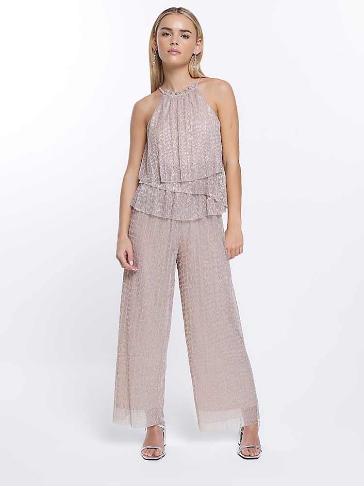 River Island Petite Metallic Halter Neck Frill Jumpsuit - Image 1 of 6