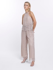 River Island Petite Metallic Halter Neck Frill Jumpsuit - Image 3 of 6